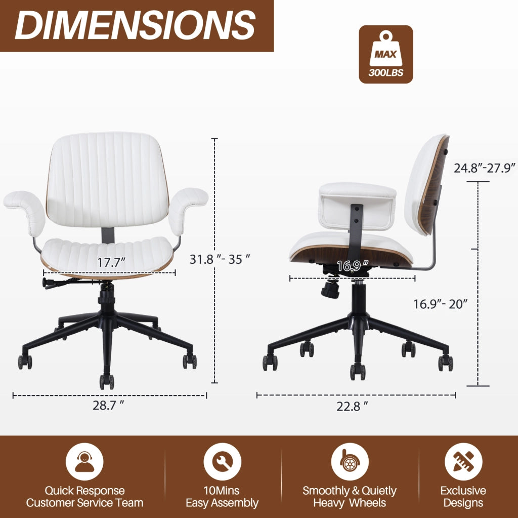 Poltrona da ufficio girevole in pelle PU beige con braccioli imbottiti e base in metallo