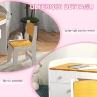 Banco Scuola e Sedia per Bambini da 3-6 Anni con Cassetto e Armadietto in Legno Bianco