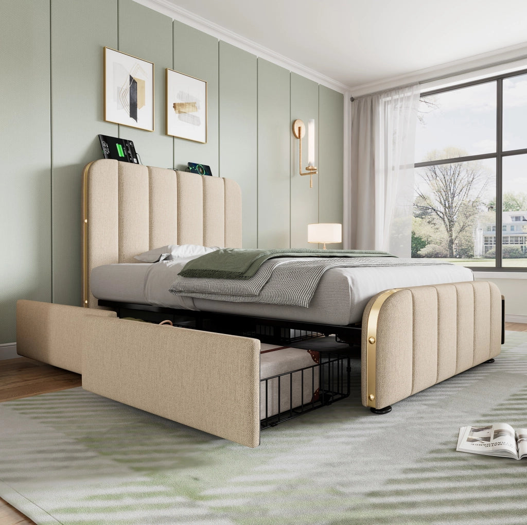 Letto singolo 90x200 cm con 4 cassetti; USB e Type-C; rivestimento in lino beige