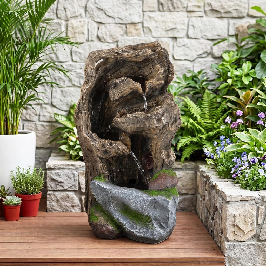 Fontana a Cascata, Fontana da Esterno con Illuminazione LED, Pompa e Muschio Artificiale, Ornamento Cascata in Stile Roccia per Cortile, Balcone e Salotto, 30,5 x 26 x 53 cm
