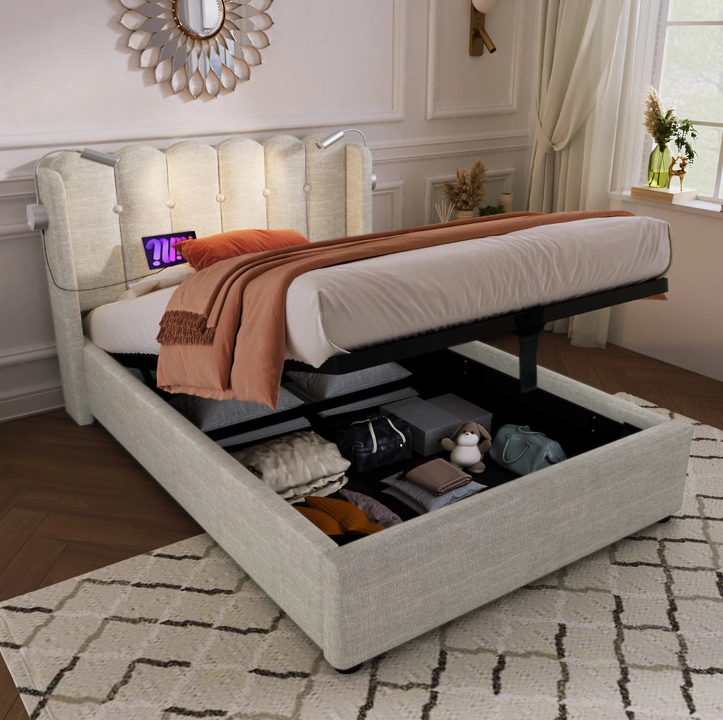 Letto singolo contenitore 90x200 cm beige con LED USB