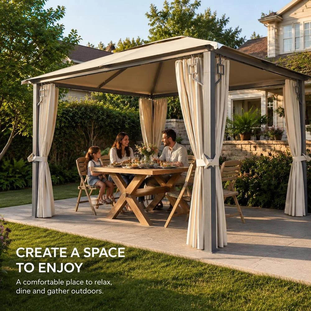 Pavilion With Curtains & LED String Lights 300x300 Cm Cream Aluminum