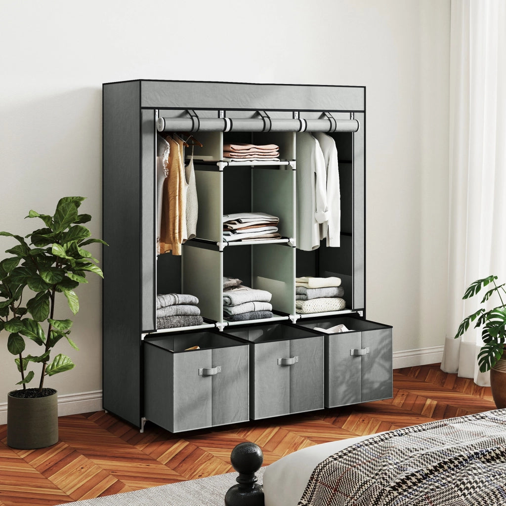 Armadio scorrevole in tessuto con 3 cassetti ¨C zephmum ¨C Grigio chiaro 125x43x162.5 cm
