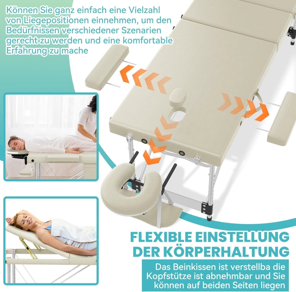 Lettino massaggiante pieghevole a 3 zone, altezza regolabile con braccioli, cuscino viso e custodia, in alluminio, colore: beige