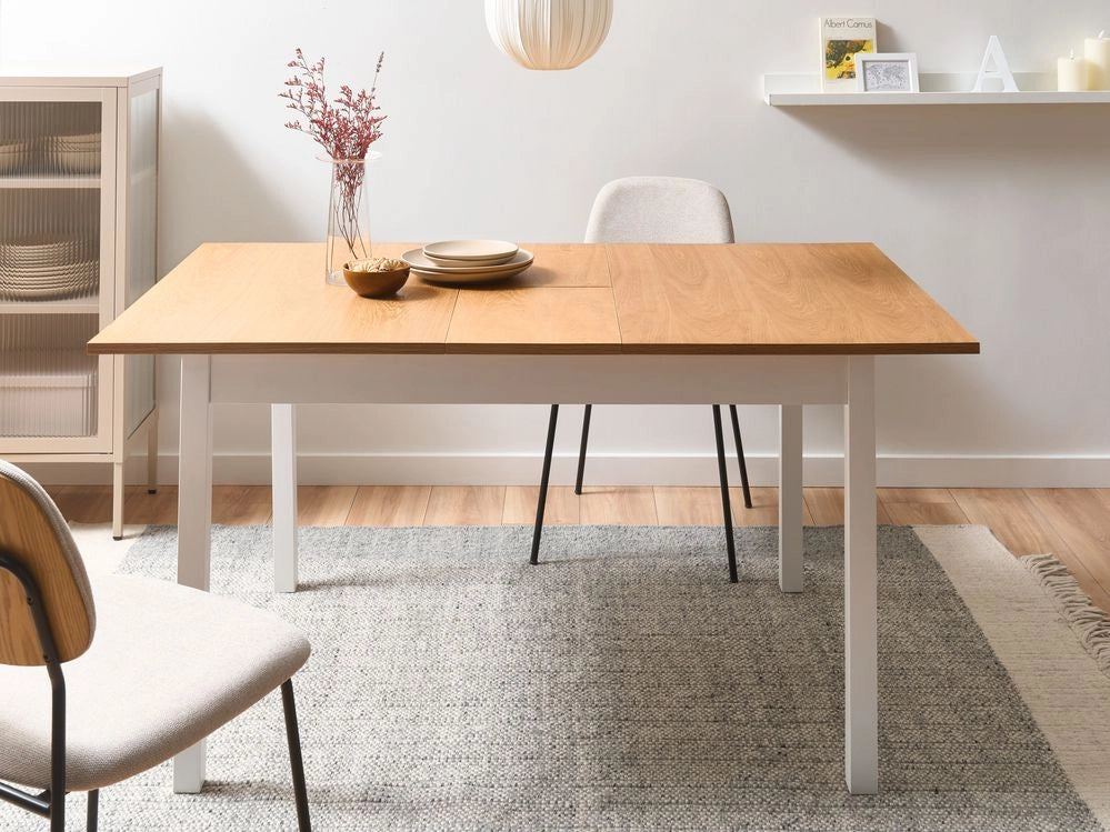 Tavolo da pranzo allungabile con piano in legno di pino chiaro e bianco, 120/150 x 90 cm, con prolunga a farfalla