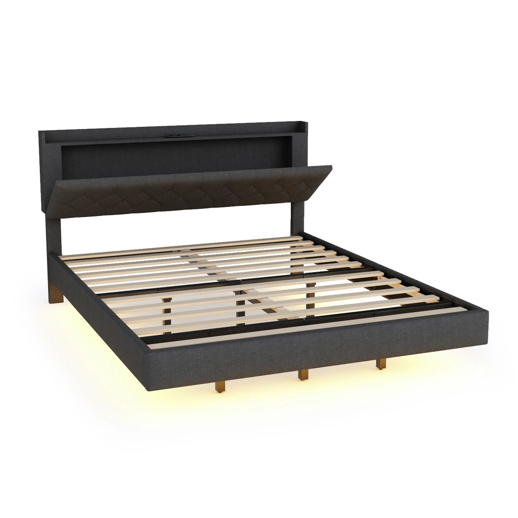 DESMIU Letto Matrimoniale 160 × 200 cm con USB, luce LED multicolore, contenitore, senza materasso, in tessuto grigio