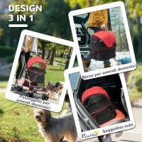 Passeggino per Cani Convertibile con 2 Guinzagli e Cuscino, in Acciaio e Poliestere, 82x49.5x98 cm, Rosso e Nero