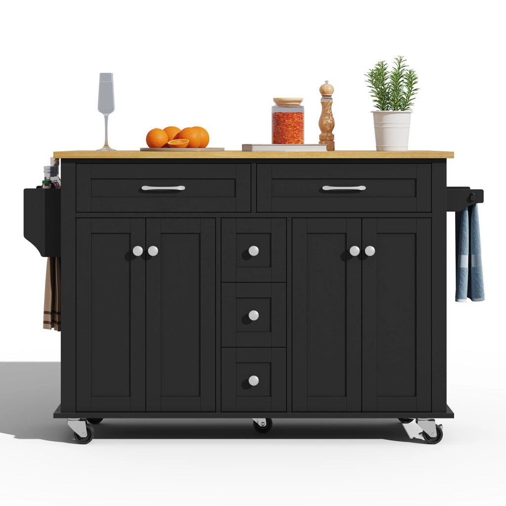 Carrello da Cucina con 5 Cassetti; 2 Armadietti; Piano Pieghevole e Ruote; MDF; Nero Naturale; 140 x 40 x 89 cm