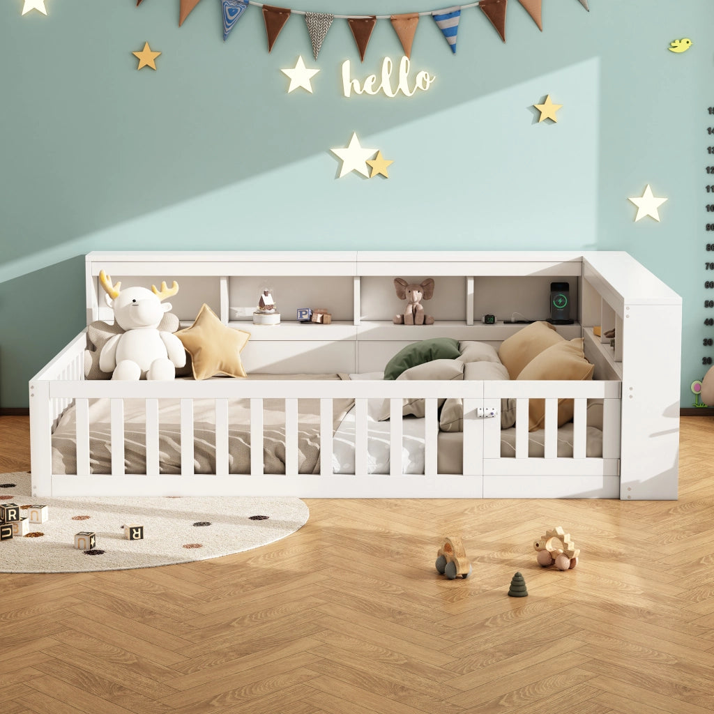 LETTO Daybed 140x200 cm in truciolare e MDF bianco con presa USB e vani laterali