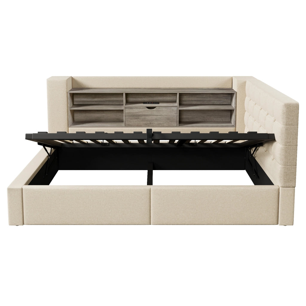 Letto singolo 90x200 cm in lino beige con LED; contenitore idraulico; USB e materasso