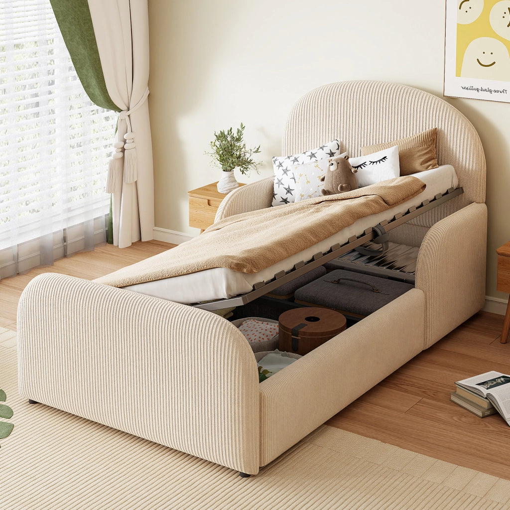LETTO Polsterbett 90x200 cm con vano contenitore idraulico in velluto beige