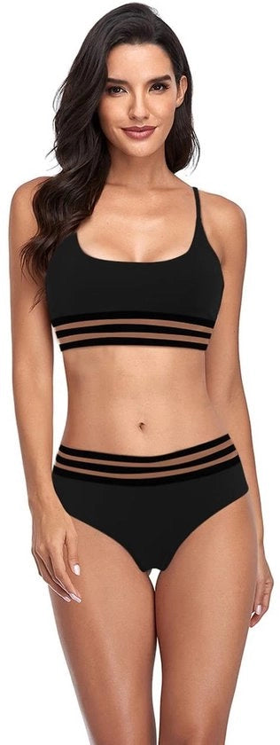 Set Bikini Sport per Donna Alta Cintura con Top con Blocco di Colori e Reggiseno Pieno