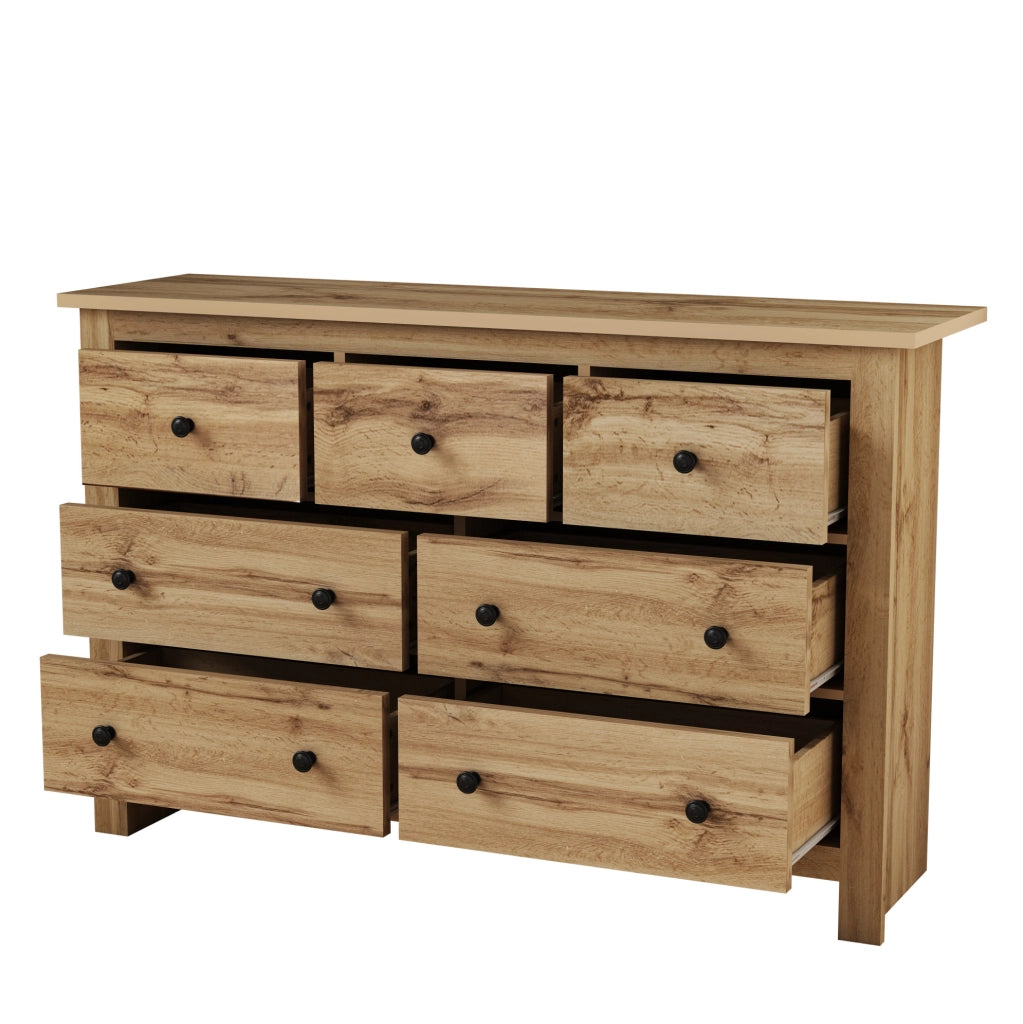 Credenza 152x40x88.5 cm con 7 cassetti e guide scorrevoli; truciolare; naturale