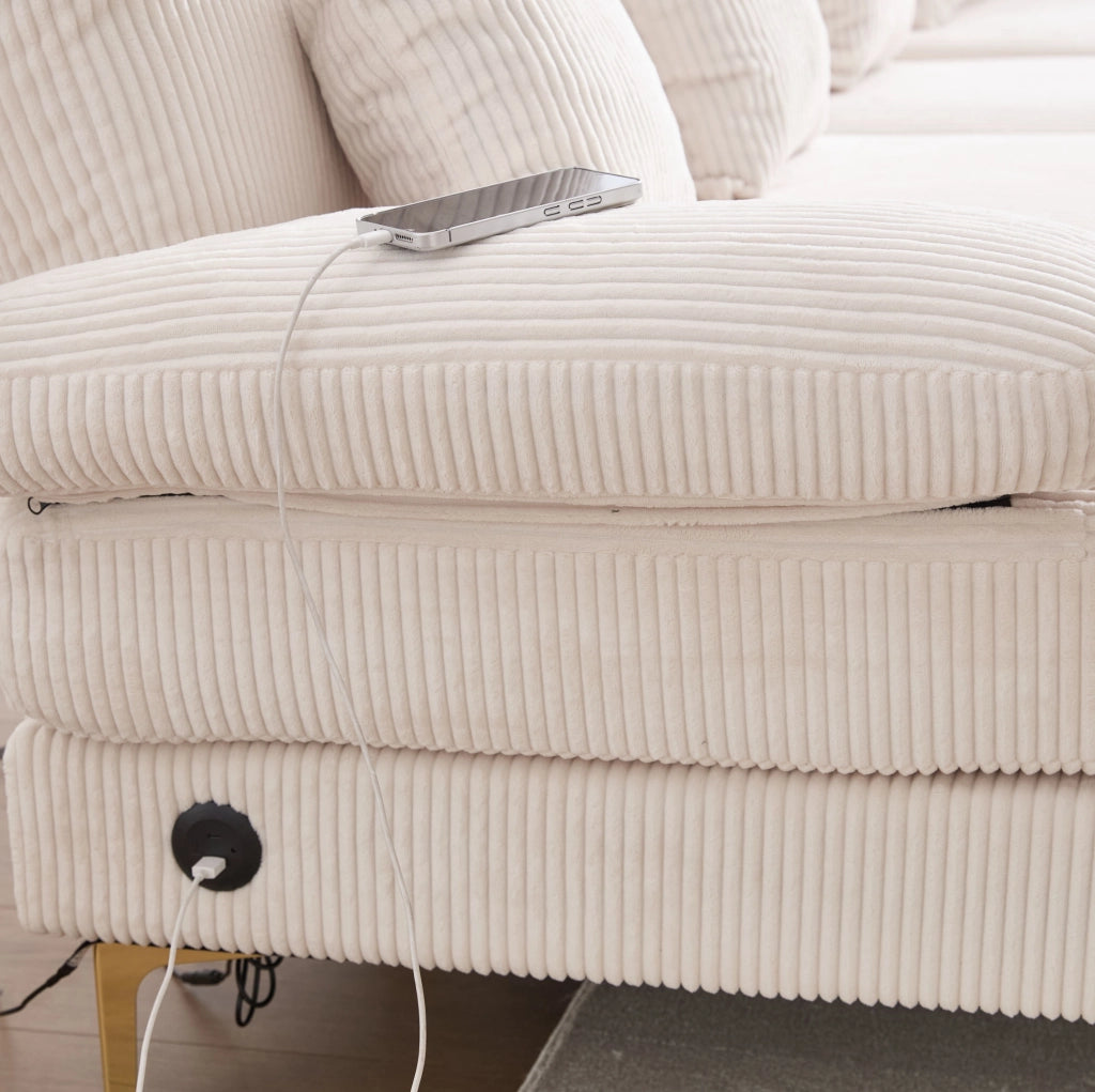 Divano a U in velluto beige con LED e porta USB