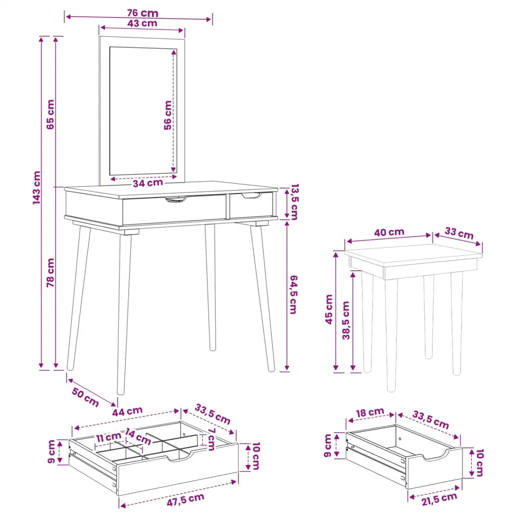 Set Tavolo da Trucco FAUSKE 3 pcs Bianco 76 x 50 x 143 cm 3438586