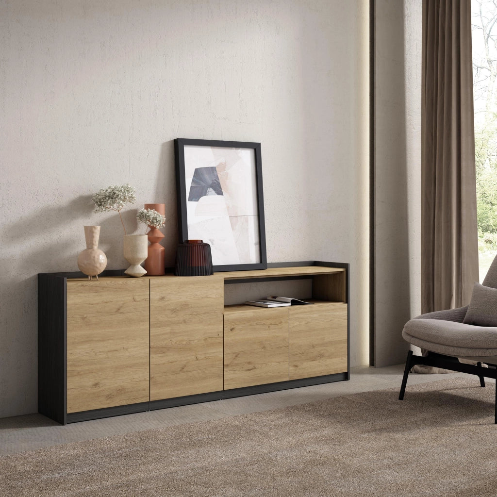 Credenza, Mobile, Cucina, 207x80x37 cm, 4 Porte, grande stoccaggio, Rovere e nero
