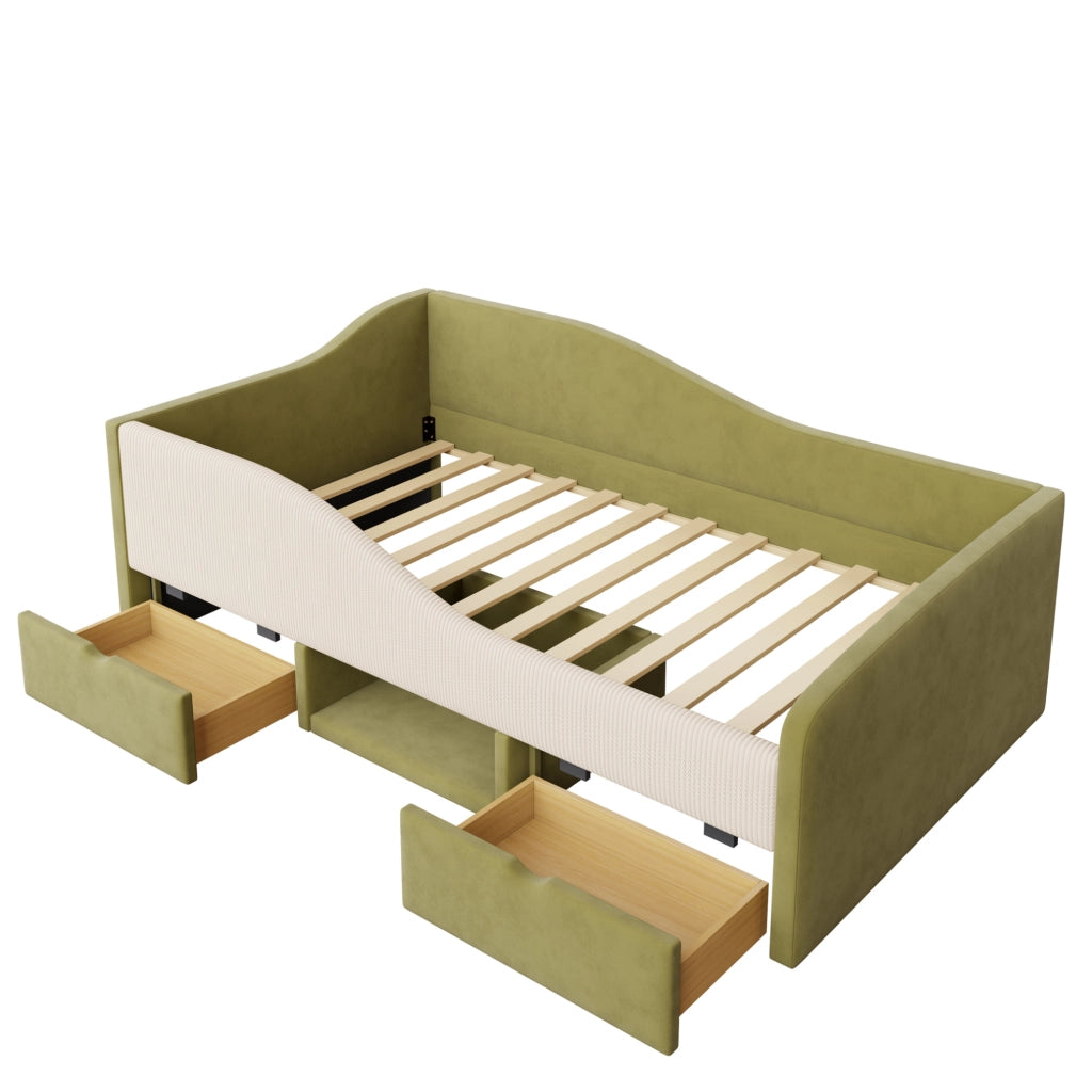 Letto per bambini imbottito 90x190 cm con 2 cassetti; vano portaoggetti e protezioni; verde e avorio