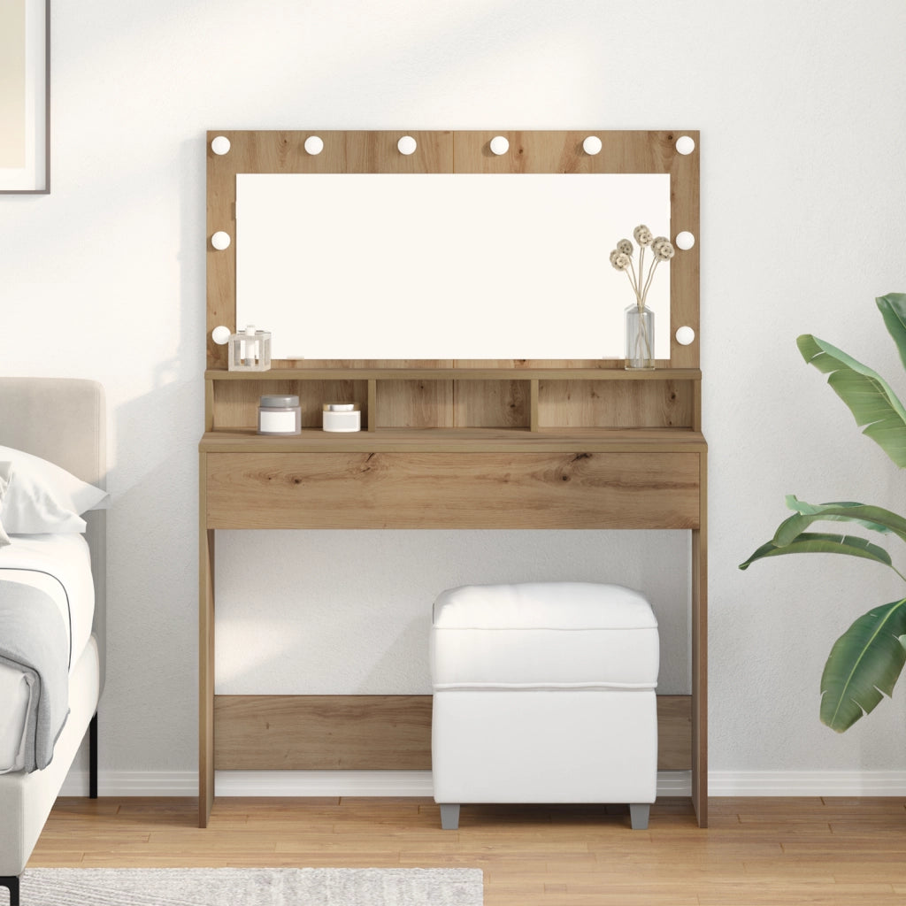 Tavolo per trucco con luci LED in rovere artigianale, 100x41x135 cm