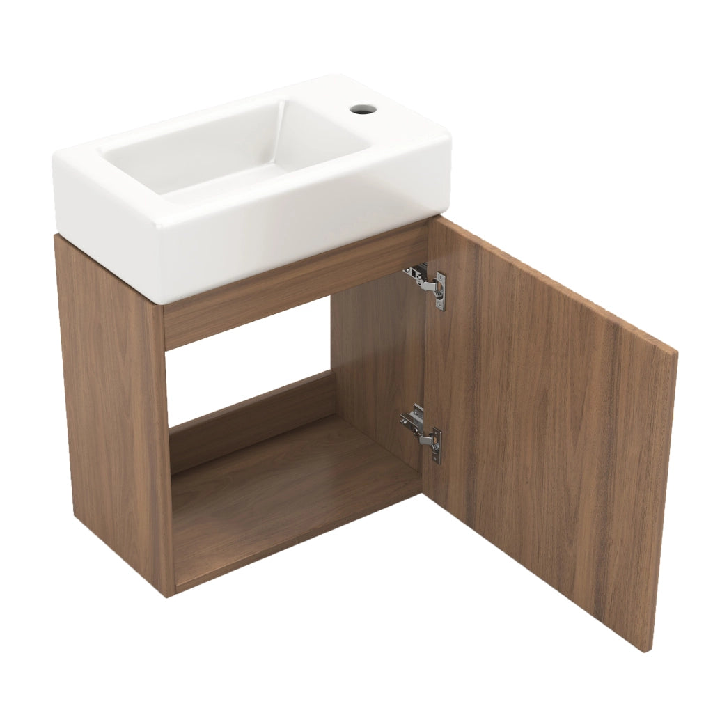 Mobile sottolavabo con lavabo in ceramica e anta con chiusura ammortizzata per bagno piccolo in MDF legno naturale