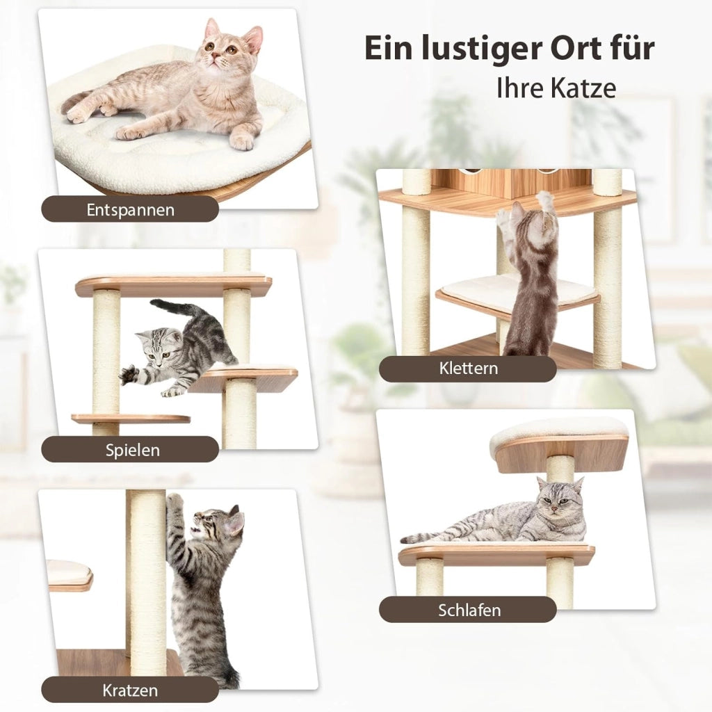 Tiragraffi grande 175 cm di altezza, robusto albero per gatti in legno, con 6 piattaforme, casetta per gatti e tronchi sisal, mobili per gatti, albero attività (naturale)