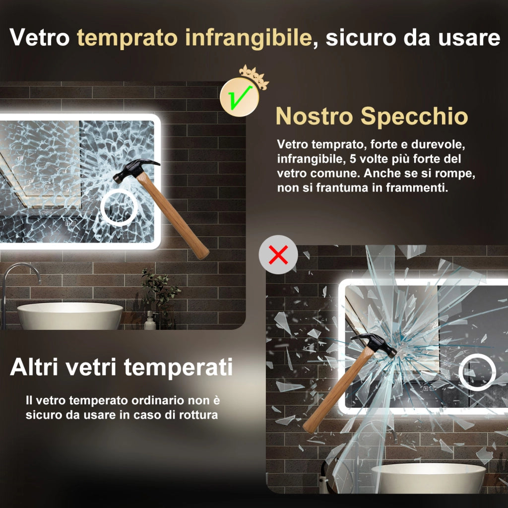 specchio rettangolare 80x60 cm con luce dimmerabile a 3 colori, bluetooth, antiappannamento e ingranditore 3x