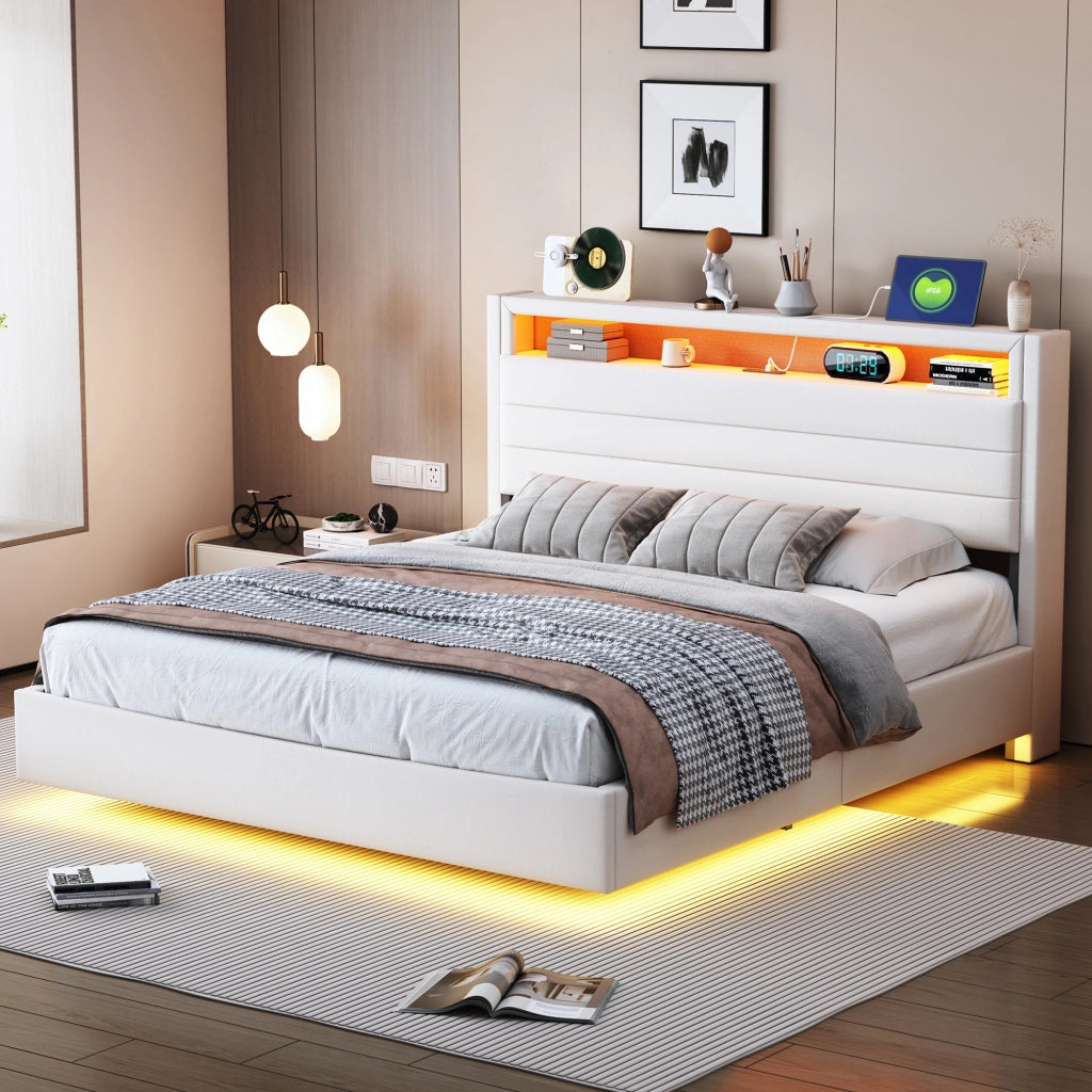 OKWISH Letto contenitore 140×200 cm, Letto Matrimoniale con Vano Contenitore, USB, LED Regolabile e Testiera Girevole, senza Materasso, Beige