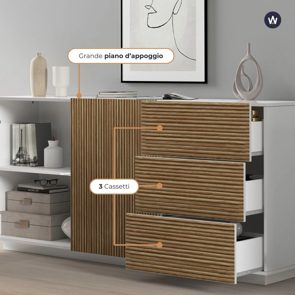WHOUS Credenza Coste a 2 ante e 3 cassetti bianco opaco e legno chiaro 180x43x86 cm