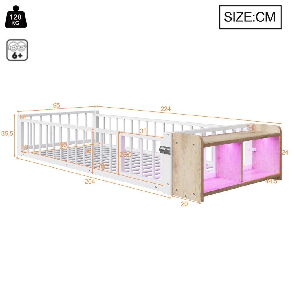 Letto per bambini in metallo 90x200 cm con barriera di protezione e vano aperto