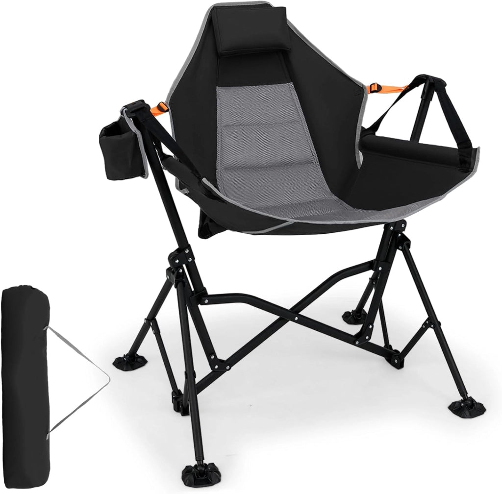 Sedia da Campeggio Amaca, Sedia a Dondolo Pieghevole con Portabicchieri, Schienale Regolabile, Poggiatesta, Sedile a Dondolo per Giardino, Patio, Prato, Portata 150 kg (Nero)