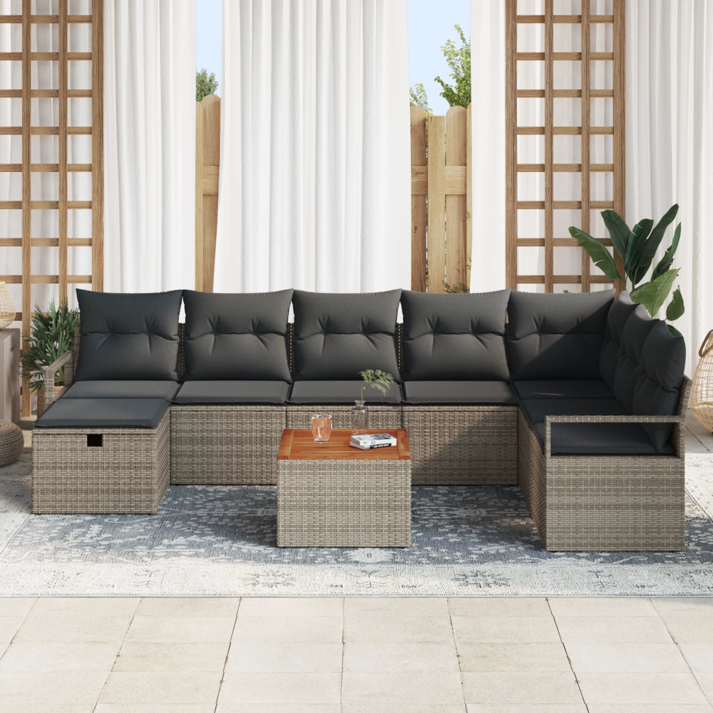 Set divani da giardino 9 pezzi con cuscini grigi in polyrattan