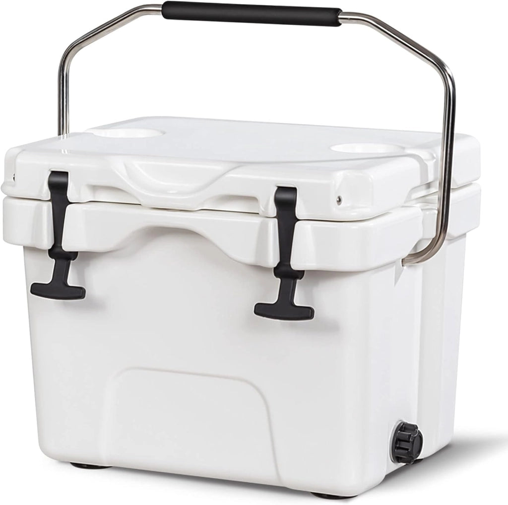 Contenitore per Ghiaccio da 15 L, Contenitore Termico con Maniglia 2 Porta Bicchieri, Contenitore Termico del Ghiaccio Portatile per Campeggio(Bianco）