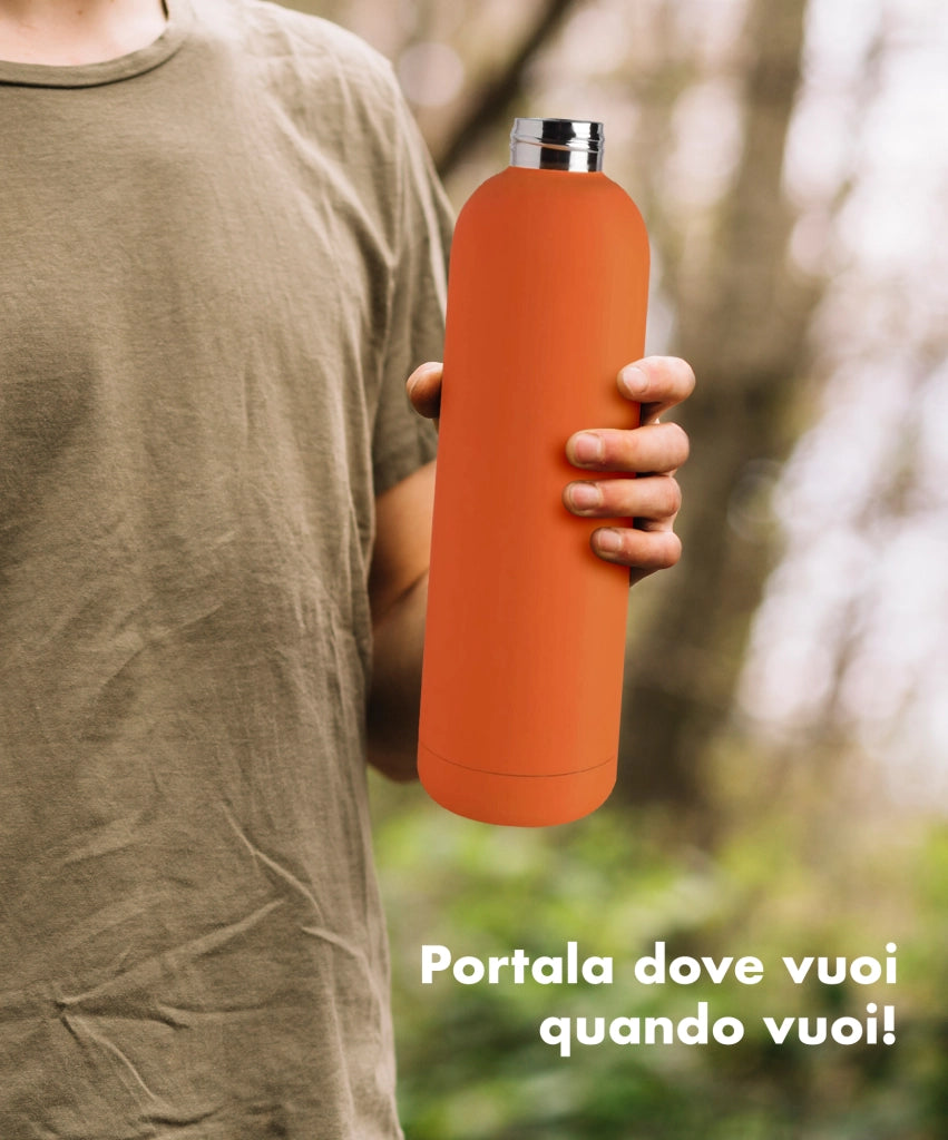 Borraccia Termica 1 Litro Bottiglia Acciaio Inox Inossidabile Doppio Strato 1000 Ml Tappo Antigoccia Doppia Camera Bevande Calde Fredde Termos Sistema Sottovuoto Rivestimento Soft Touch  - Arancio