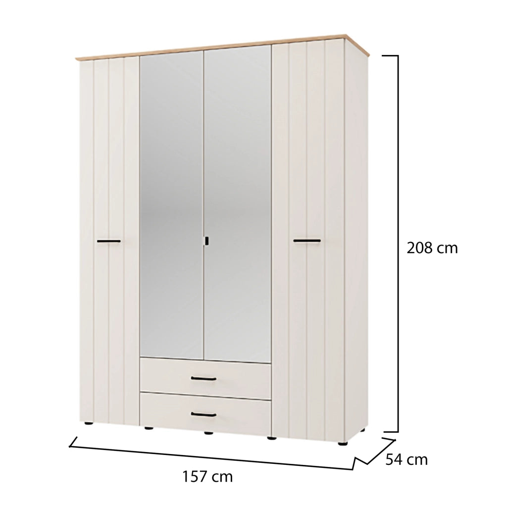 Armadio Camera da Letto Pokhar, Guardaroba Grande 2 Cassetti, 157x208h cm Bianco Crema