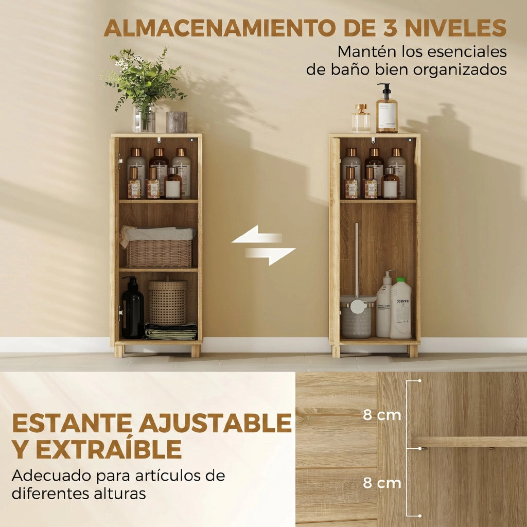 Mobiletto Bagno con Ante a Listelli e Ripiani Regolabili ¨C Zephmum ¨C Naturale 34x23x84 cm