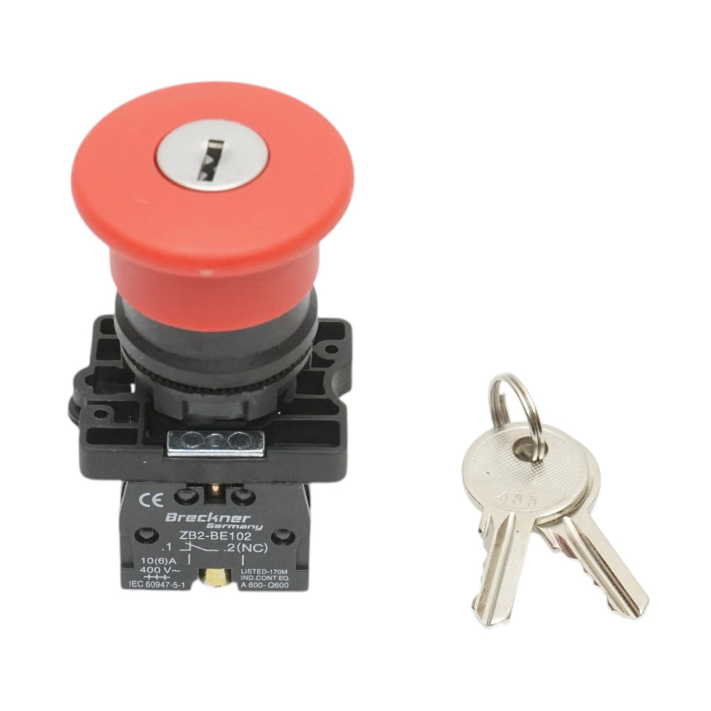 Pulsante di arresto di emergenza rosso con sblocco a rotazione e chiave 40 mm, 1 NC, 400 V/10 A LAY5 Breckner Germany