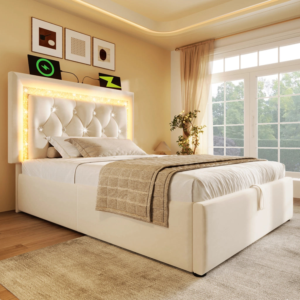 Letto imbottito idraulico con LED e USB 90x200 cm velluto beige