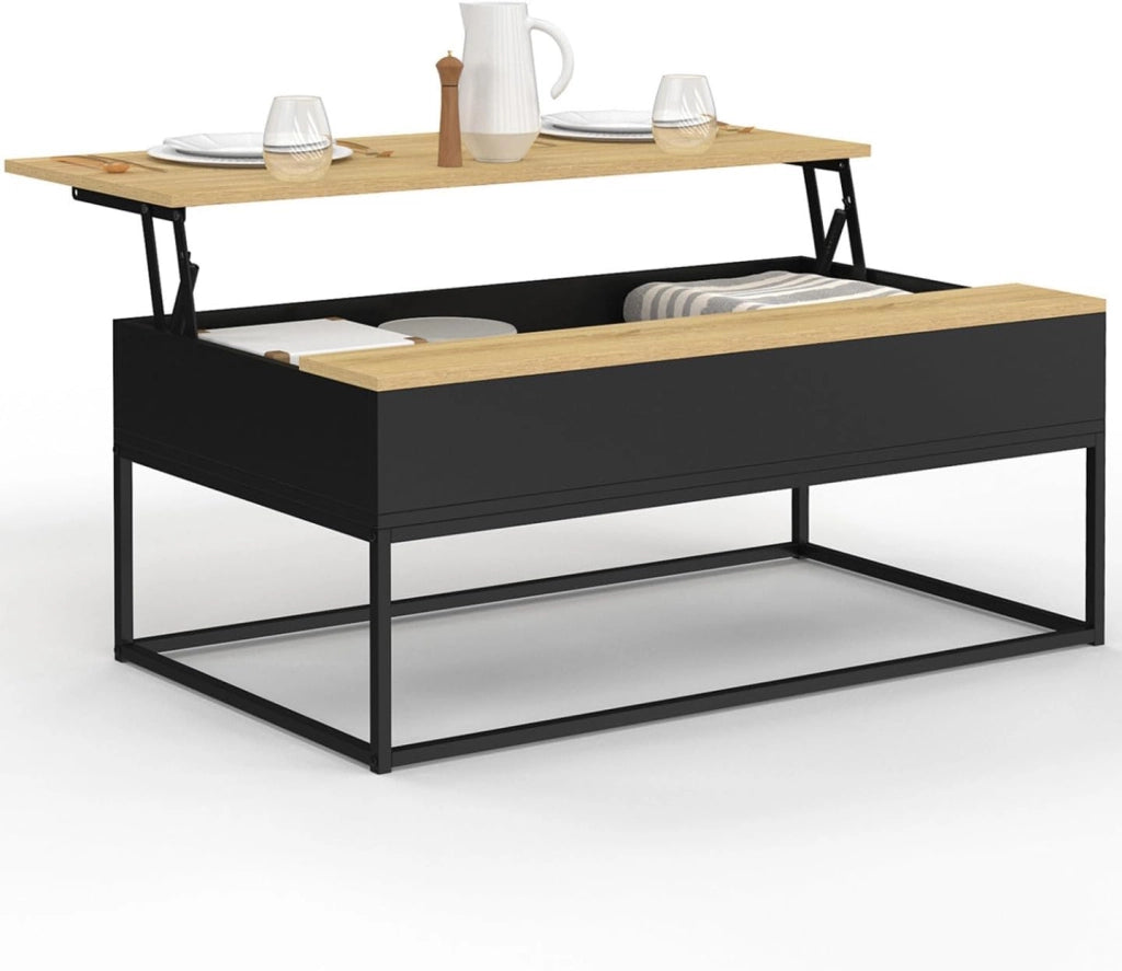 Tavolino rettangolare con piano sollevabile BOSTON 100 cm nero design industriale piano in legno