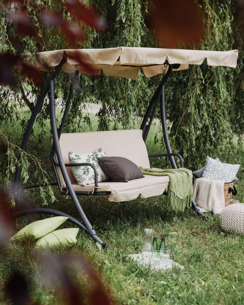 Altalena dondolo in Tessuto colore Beige Struttura In Acciaio 3 Posti con cuscini giardino esterno