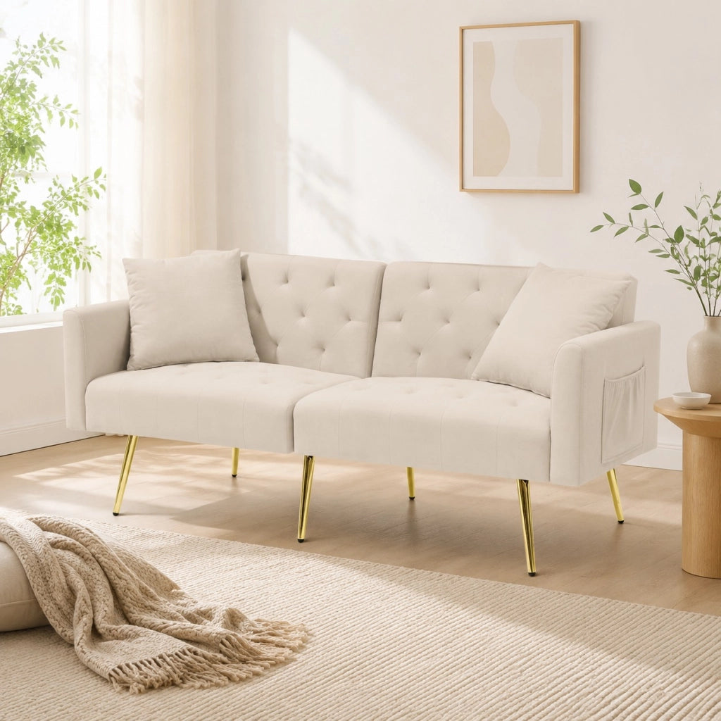 Divano letto 2 posti con schienale regolabile in 3 posizioni e 2 cuscini, in velluto Beige