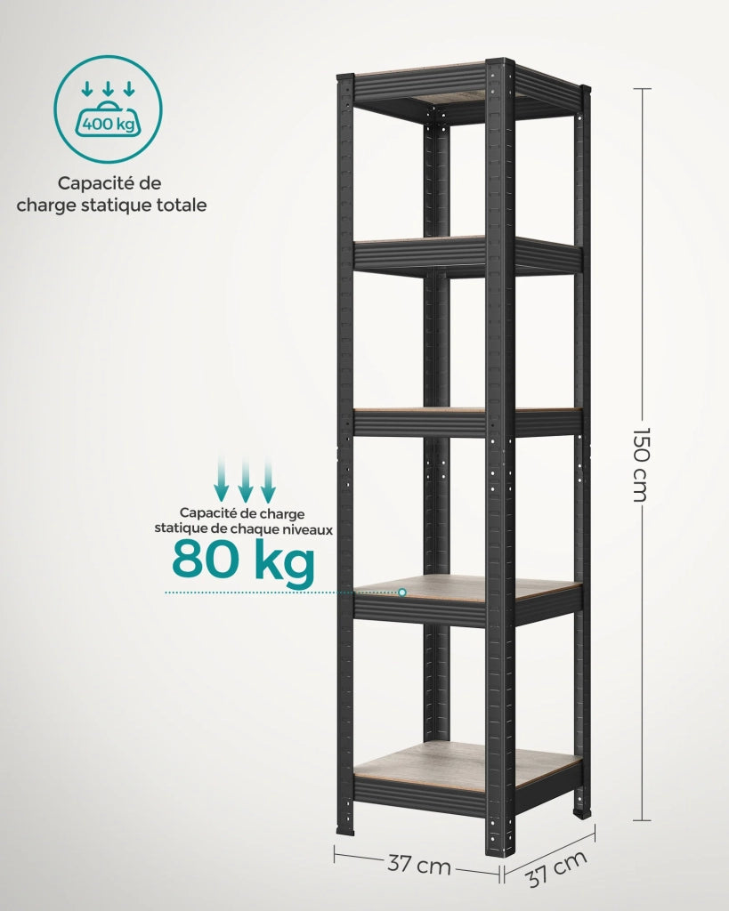 Scaffale a 5 ripiani per carichi pesanti 150 x 37 x 37 cm capacità di carico 400 kg (80 kg/ripiano) stile industriale ripiani regolabili per soggiorno/cucina nero 12_0005568