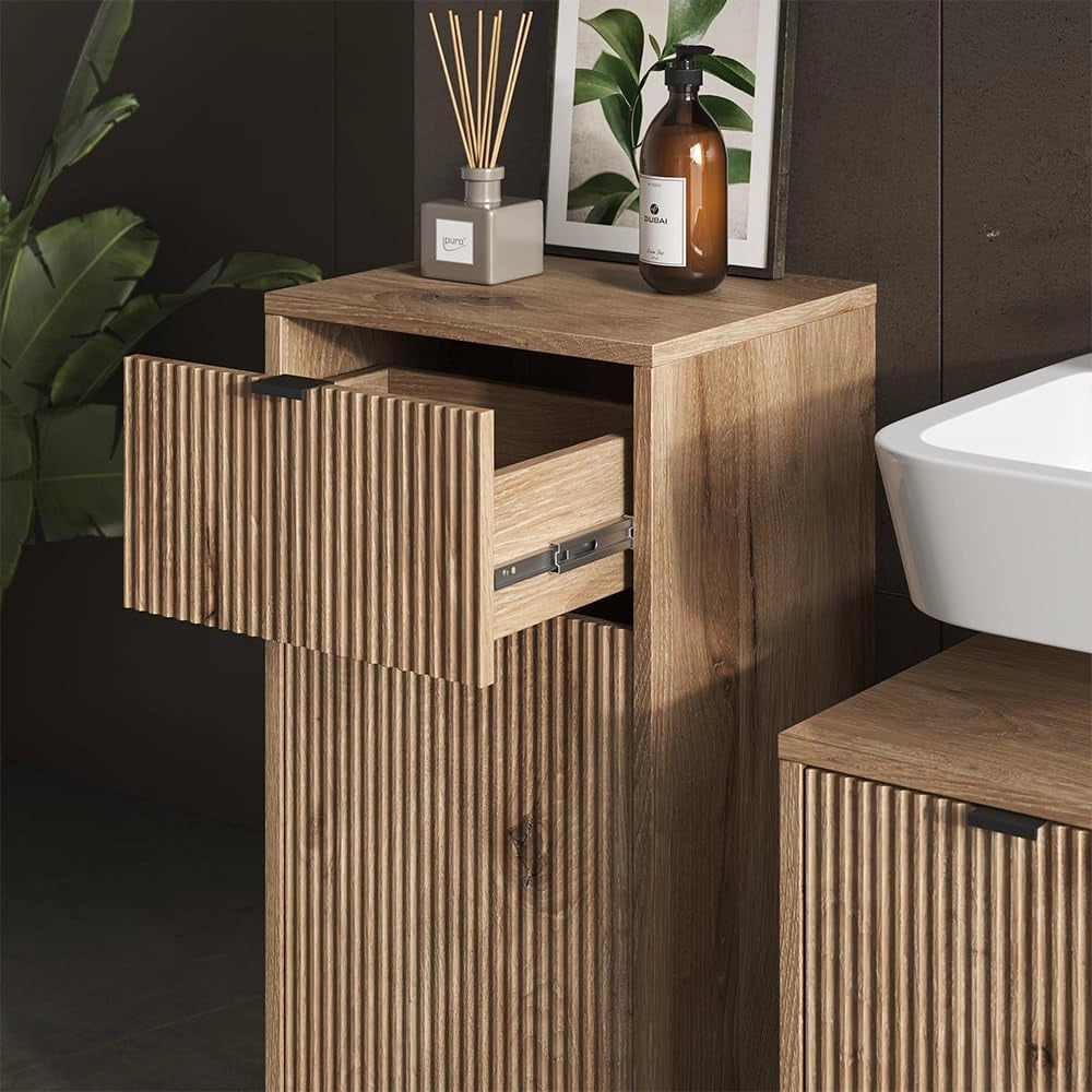 Set di mobili da bagno Eliza, Quercia vichinga, 70 cm, composto da mobile sottolavabo, specchiera e mobile medio