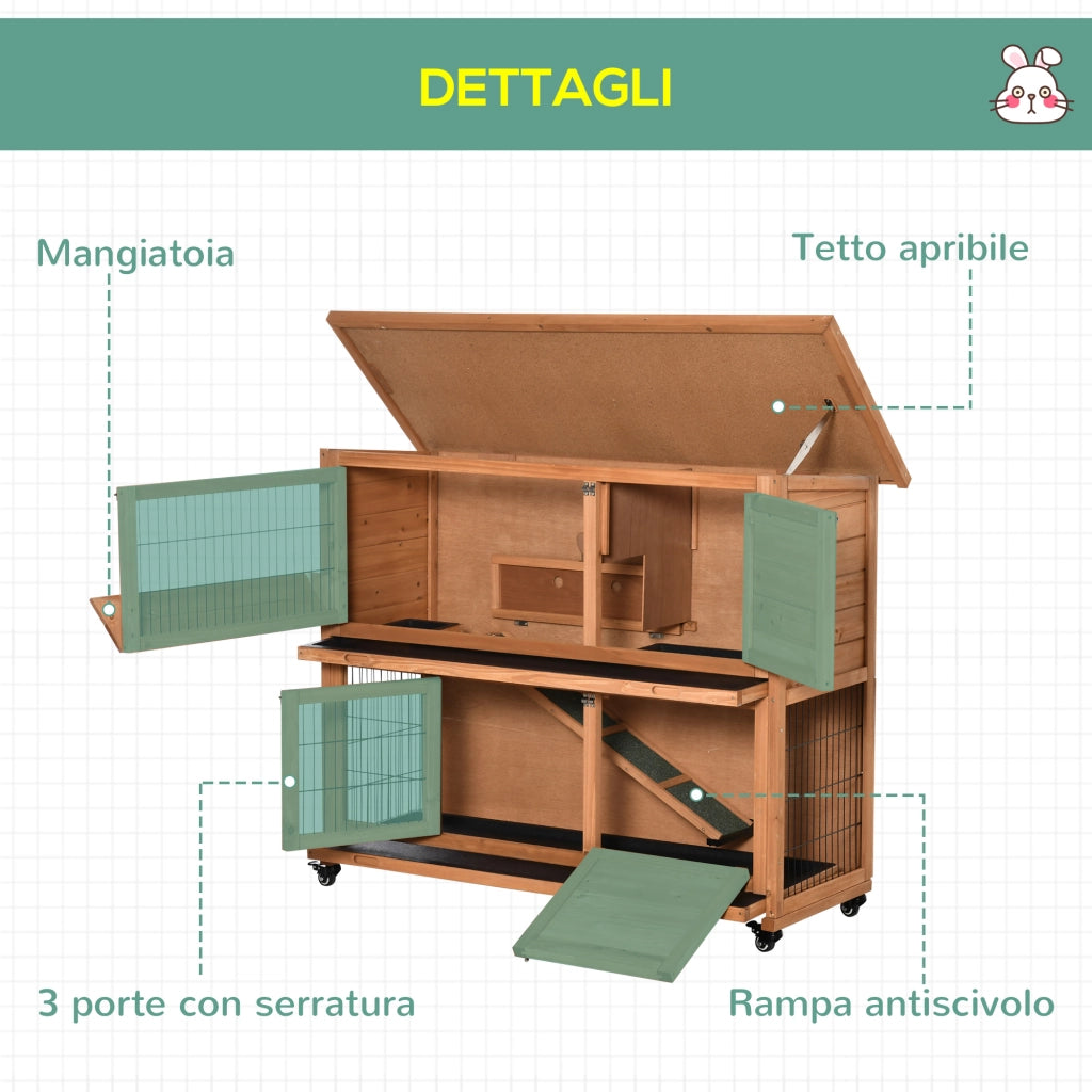 Conigliera in Legno a 2 Livelli con Ruote, Vassoio Estraibile e Rampa, 122x50x101cm