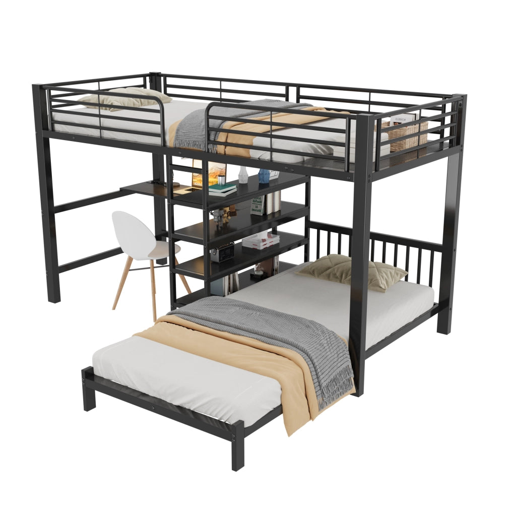 Letto a soppalco con scrivania, ripiani e prese USB, nero 90 x 200 cm