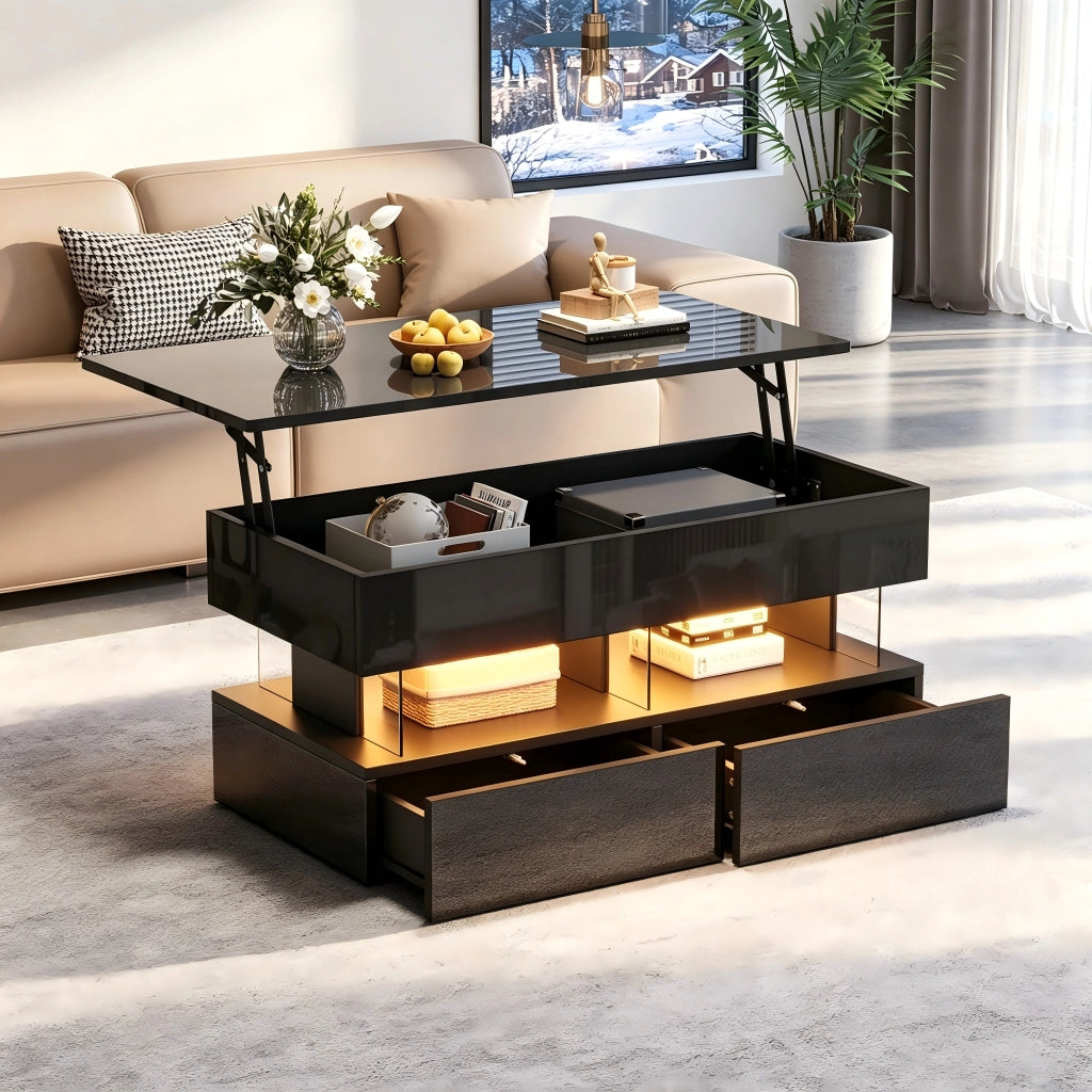 Tavolino da caff¨¨ sollevabile 100 x 50 x 46 cm nero con contenitore nascosto, 2 cassetti e illuminazione LED
