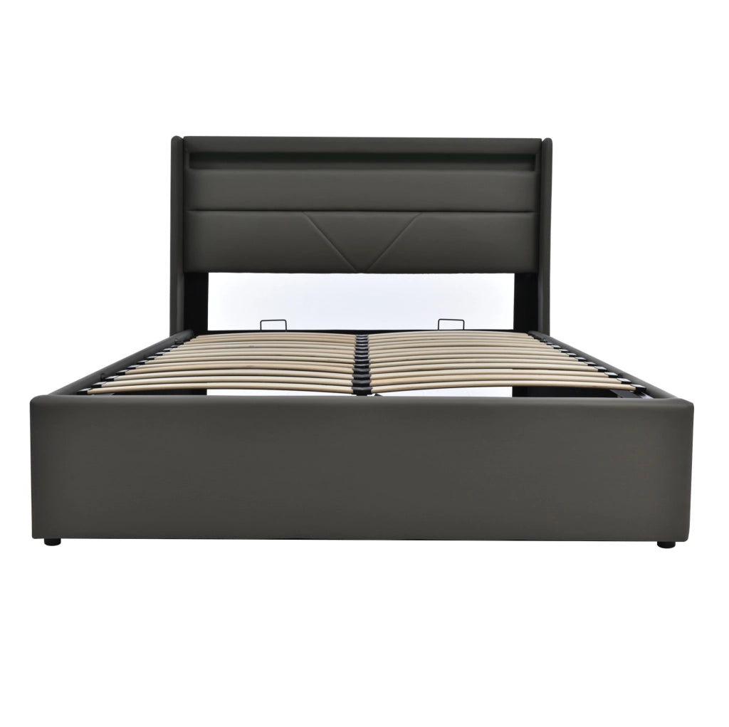 Letto imbottito 140x200 cm con contenitore idraulico, LED e rivestimento in PU grigio