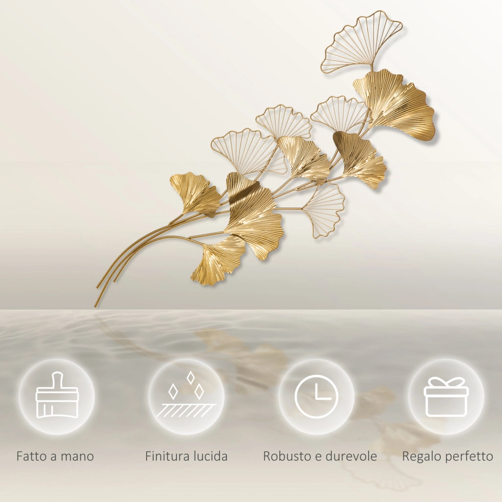 Decorazione Murale 3D in Metallo Foglie di Ginkgo ¨C zephmum ¨C Dorata 138x70 cm