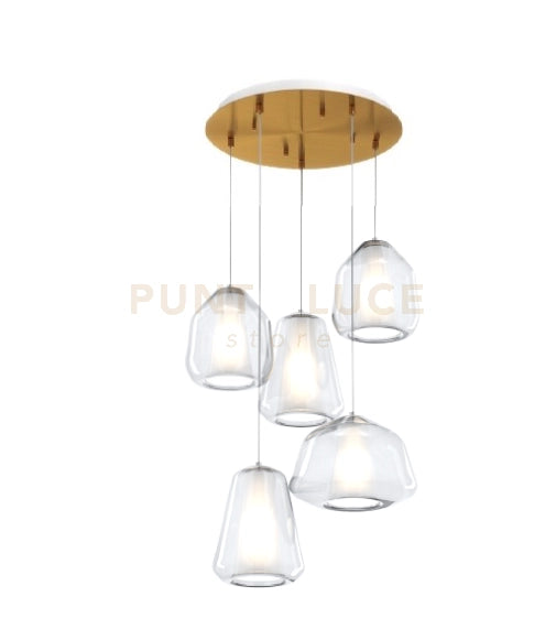 SOSPENSIONE OTTONE SAT. 5 LUCI TONDA VETRI 1X ALPHA + 2X BETA + 2X GAMMA TRASPARENTI 1176OS-S5 T ABG-TR