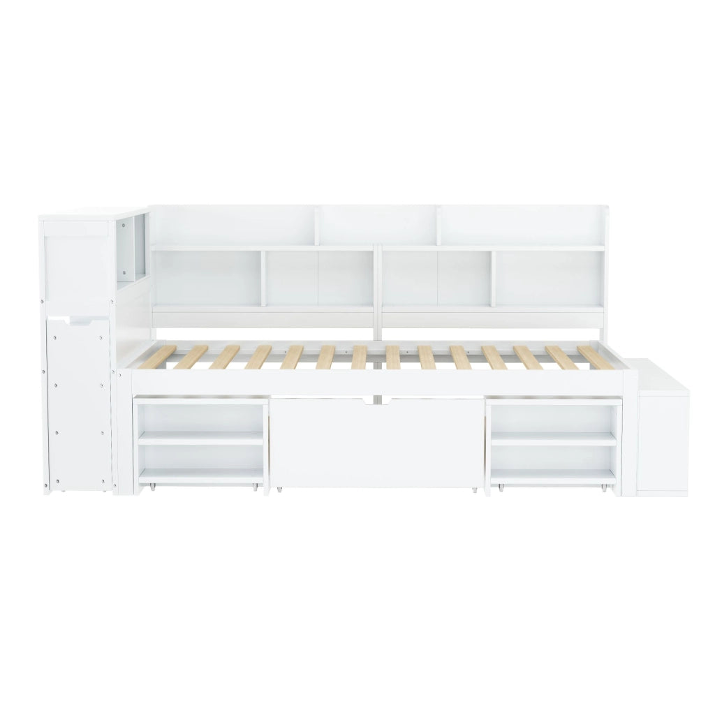 Letto Singolo 90x200 cm Contenitore; Cassetti; Mensole e Armadi in Compensato Bianco