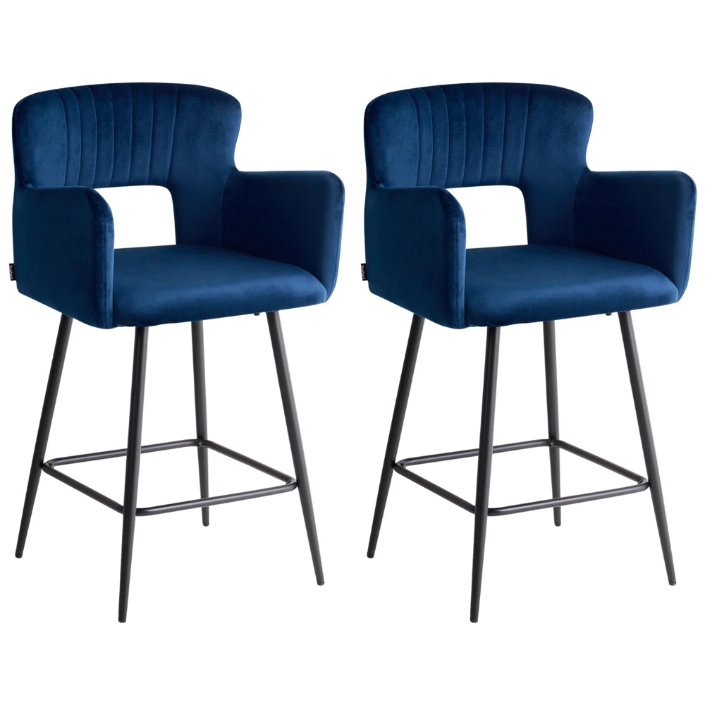 Set di 2 sgabelli da bar velluto blu marino braccioli schienale intagliato gambe in metallo moderna industriale