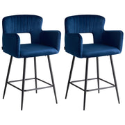 Set di 2 sgabelli da bar velluto blu marino braccioli schienale intagliato gambe in metallo moderna industriale